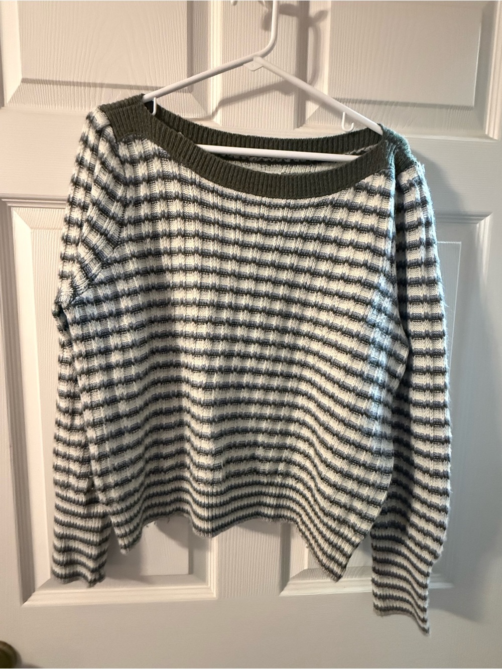 Nine West Olive & Cream Striped Ribbed Crewneck Sweater